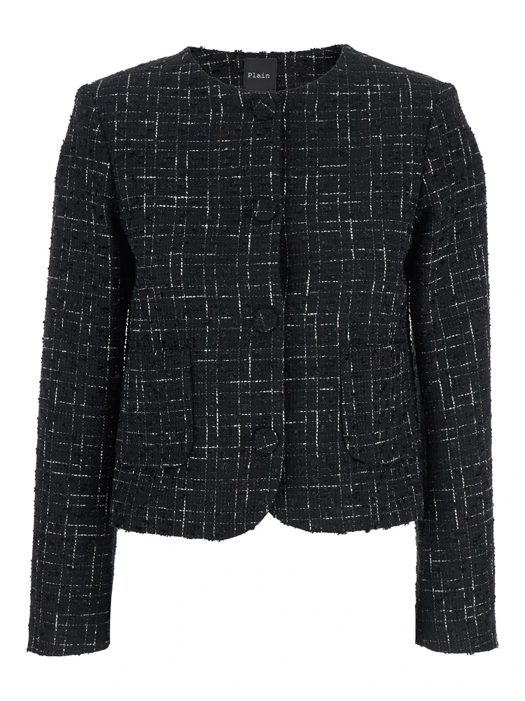 Black Jacket with Round Neck and Front Button Closure in Tweed Woman