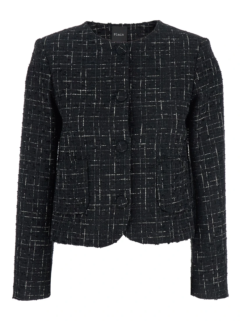 Black Jacket with Round Neck and Front Button Closure in Tweed Woman