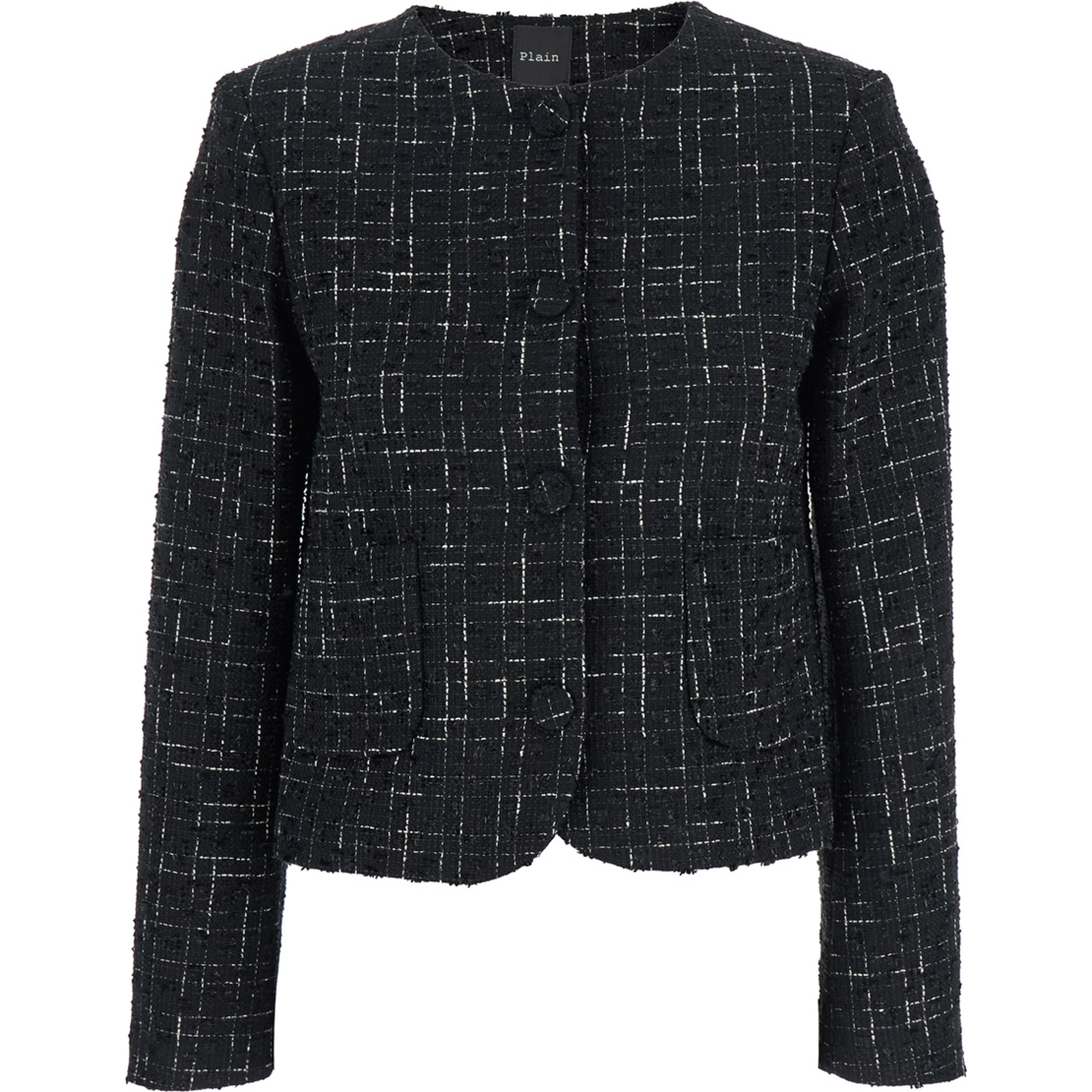 Black Jacket with Round Neck and Front Button Closure in Tweed Woman