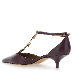 حذاء نسائي بكعب منخفض وحزام على شكل حرف T من الجلد، لون بورغندي