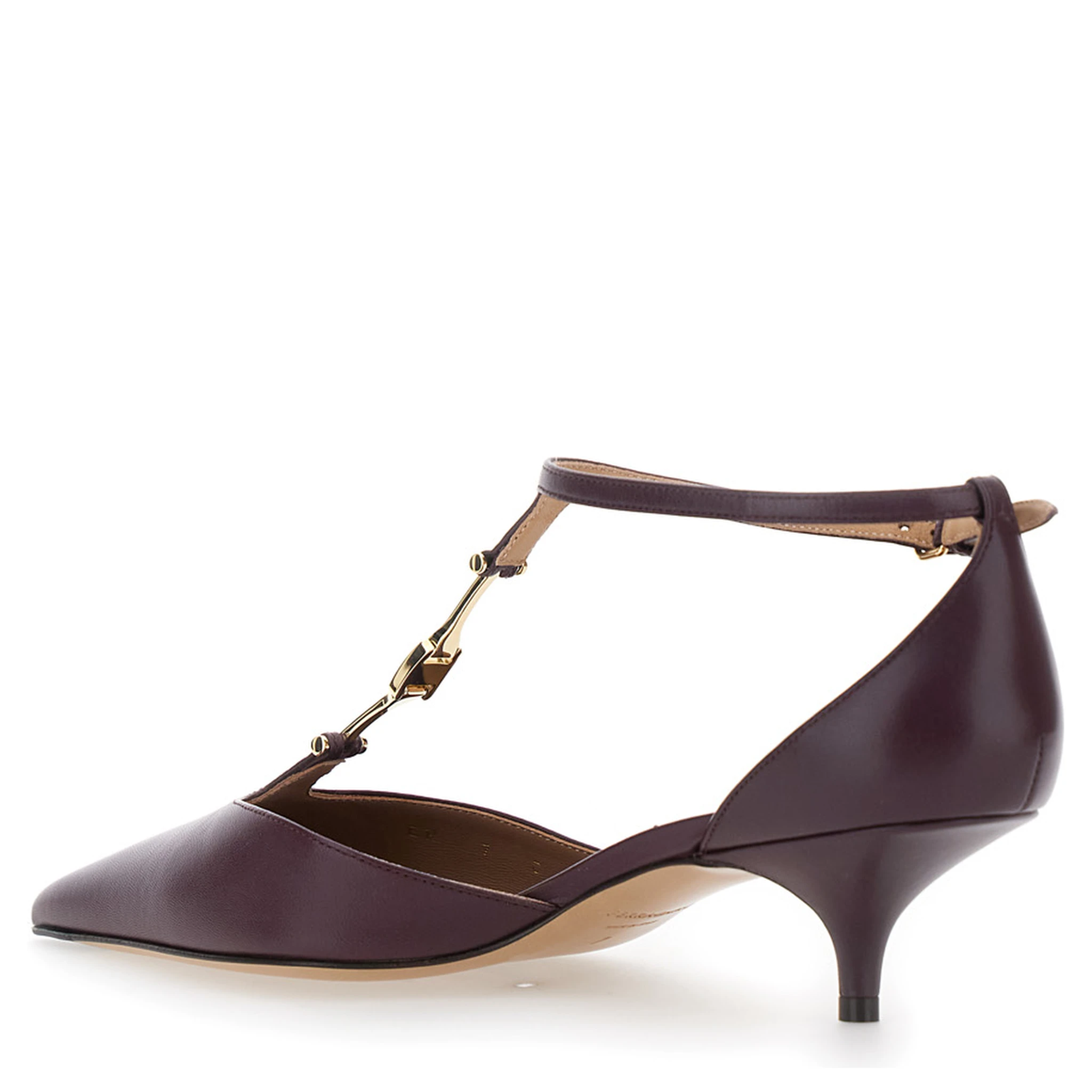 حذاء نسائي بكعب منخفض وحزام على شكل حرف T من الجلد، لون بورغندي