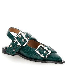 Green Ballet Shoes with Double Buckle and Pointed Design in Leather Woman