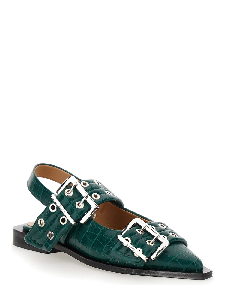 Green Ballet Shoes with Double Buckle and Pointed Design in Leather Woman alternative