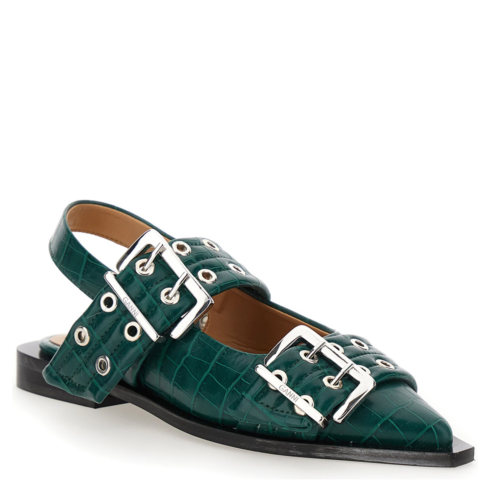 Green Ballet Shoes with Double Buckle and Pointed Design in Leather Woman