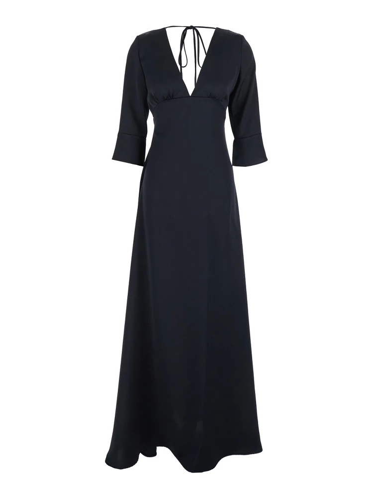 Black Maxi Dress with Front and Rear V Neck and Maxi Bow on the Rear in Cady Woman