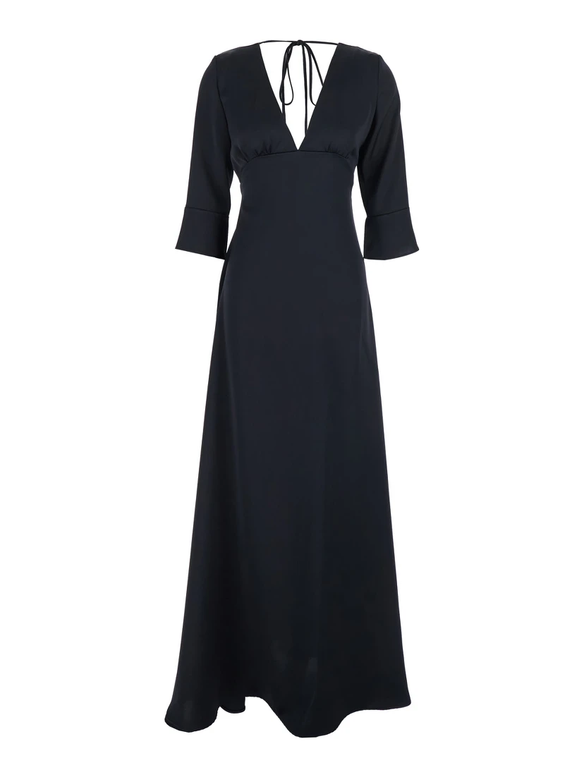 Black Maxi Dress with Front and Rear V Neck and Maxi Bow on the Rear in Cady Woman