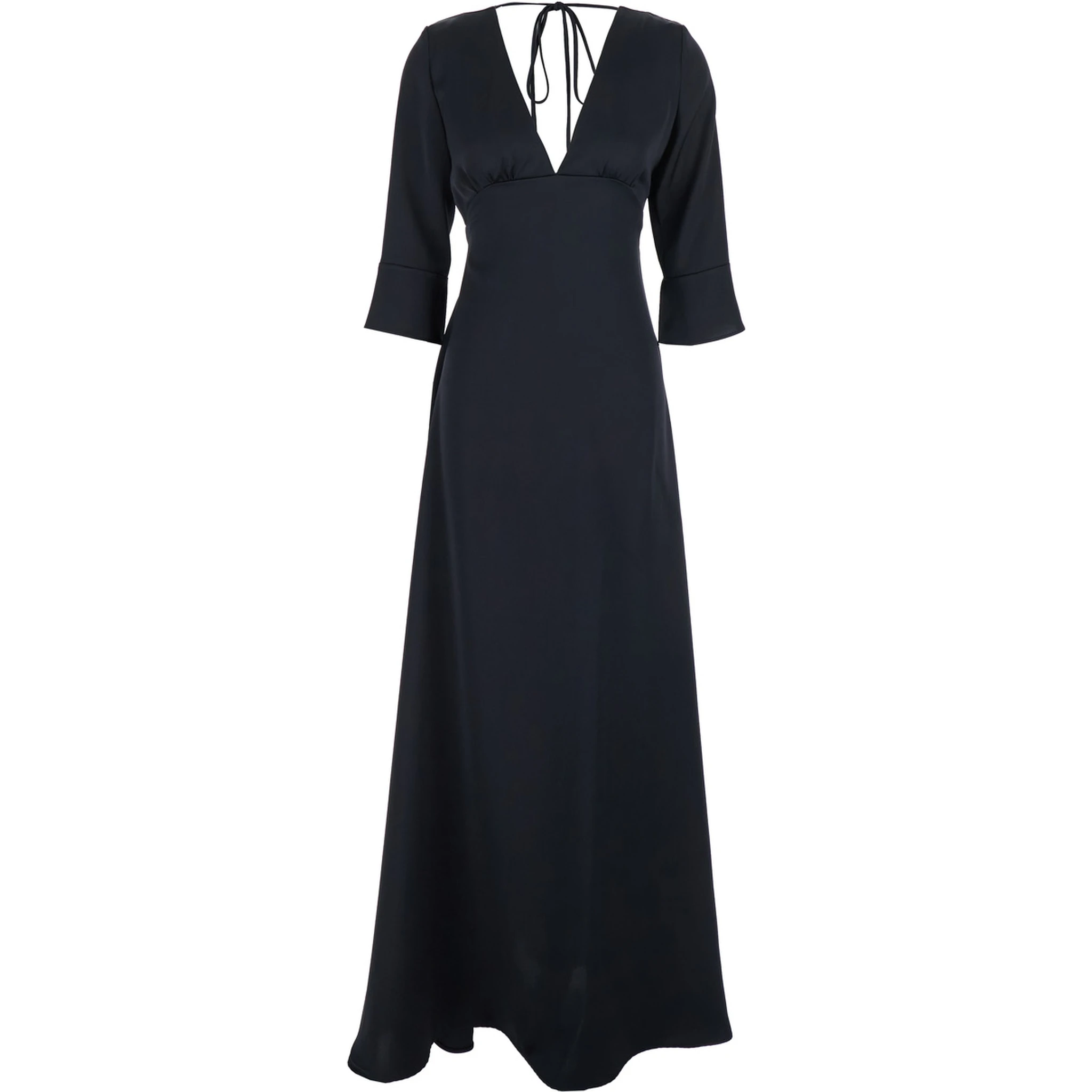 Black Maxi Dress with Front and Rear V Neck and Maxi Bow on the Rear in Cady Woman