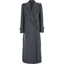 Grey Double-Breasted Coat with Wide Notched Revers in Wool Woman
