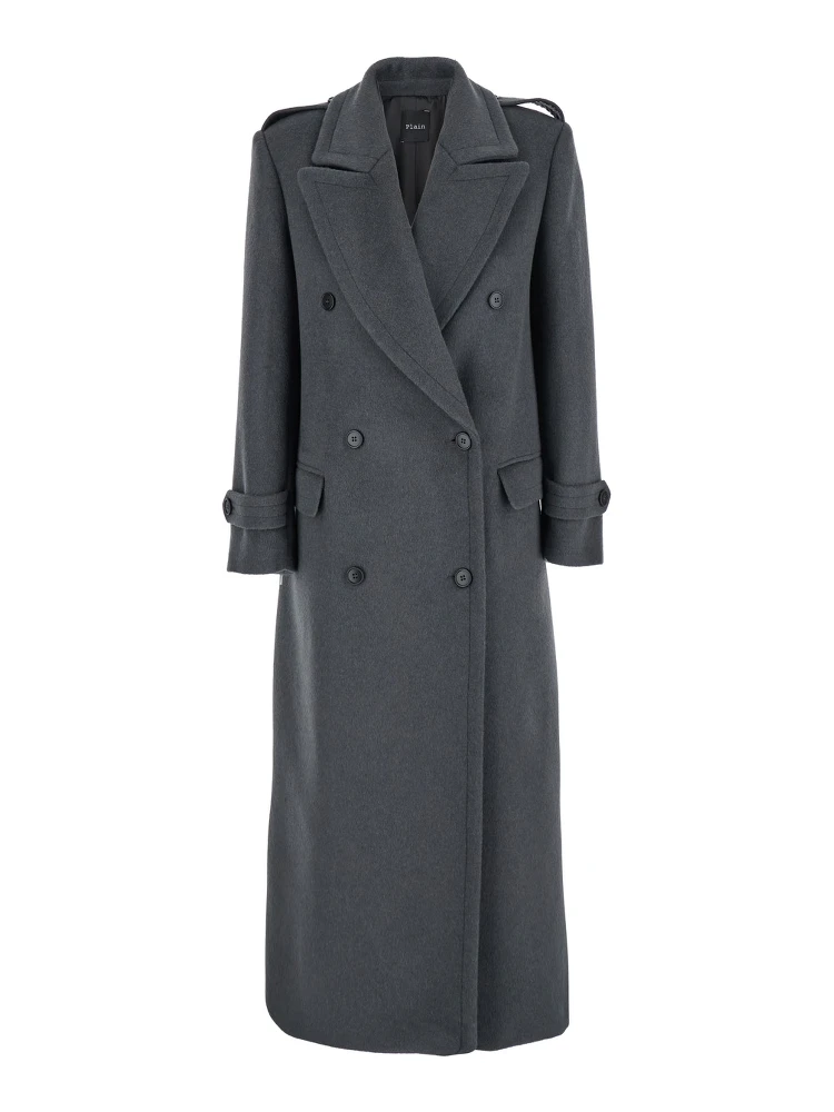 Grey Double-Breasted Coat with Wide Notched Revers in Wool Woman