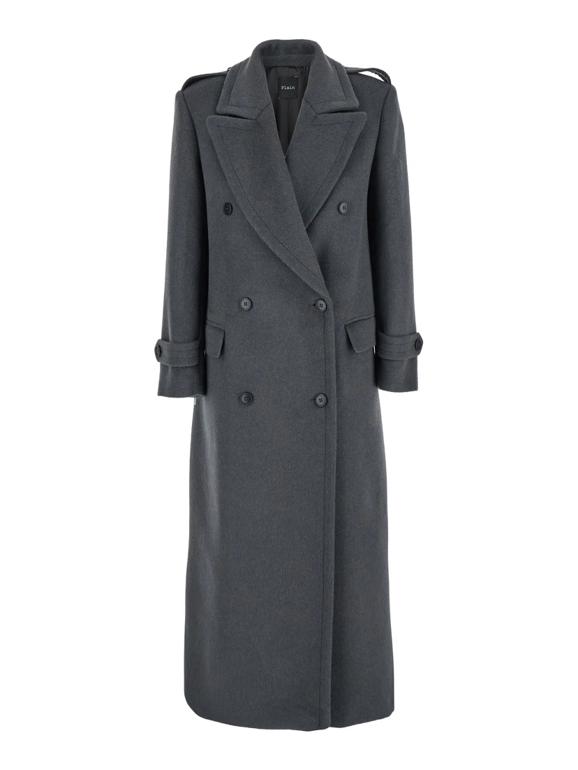 Grey Double-Breasted Coat with Wide Notched Revers in Wool Woman