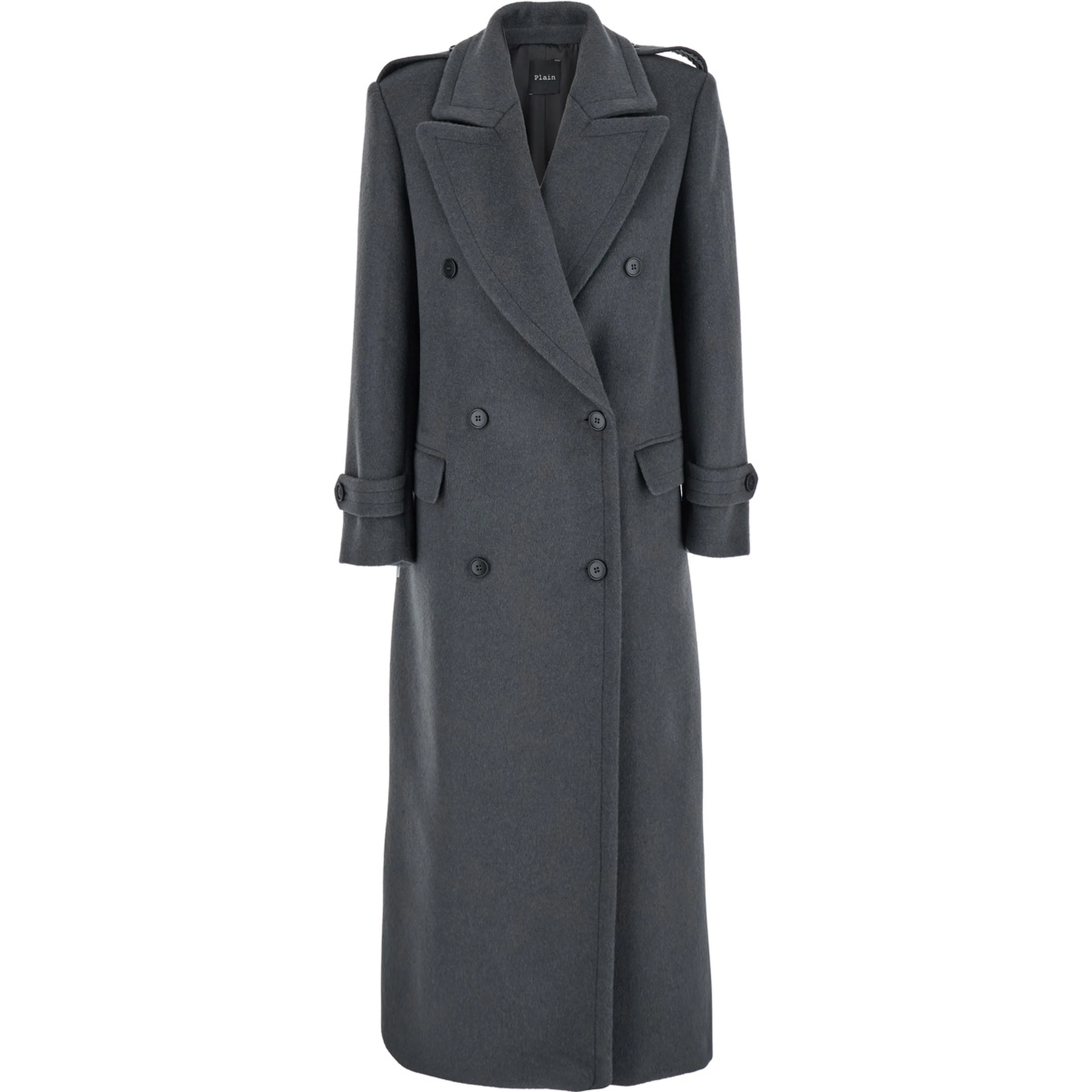 Grey Double-Breasted Coat with Wide Notched Revers in Wool Woman