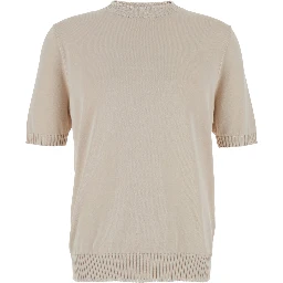 Grey Crewneck T-Shirt with Ribbed Trims in Cotton Woman