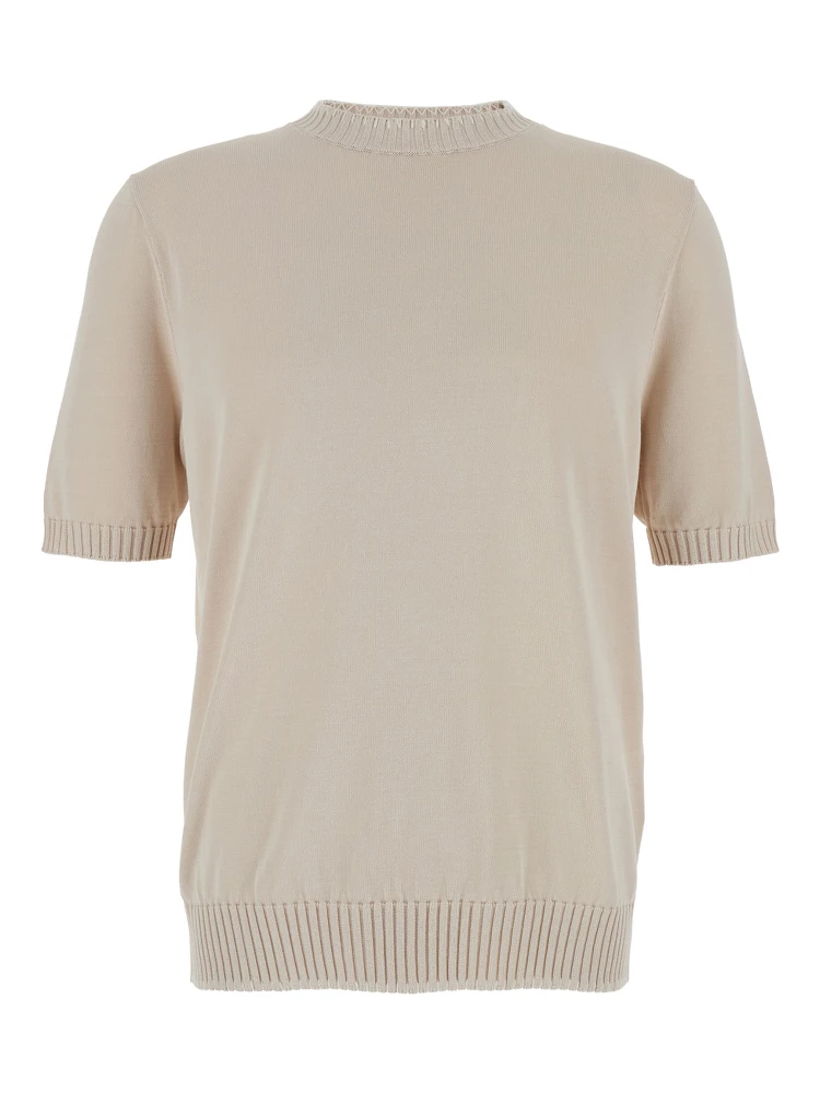 Grey Crewneck T-Shirt with Ribbed Trims in Cotton Woman