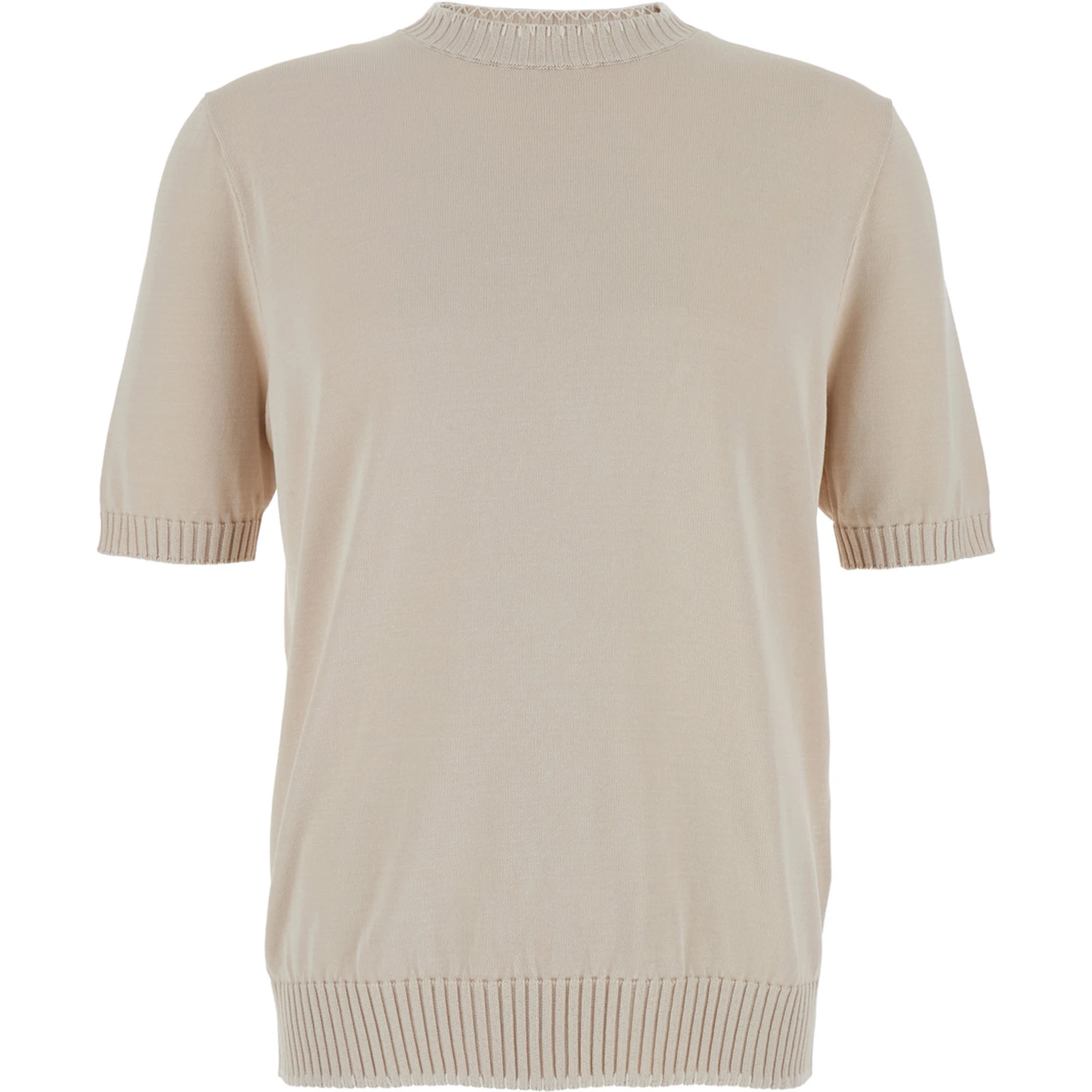 Grey Crewneck T-Shirt with Ribbed Trims in Cotton Woman