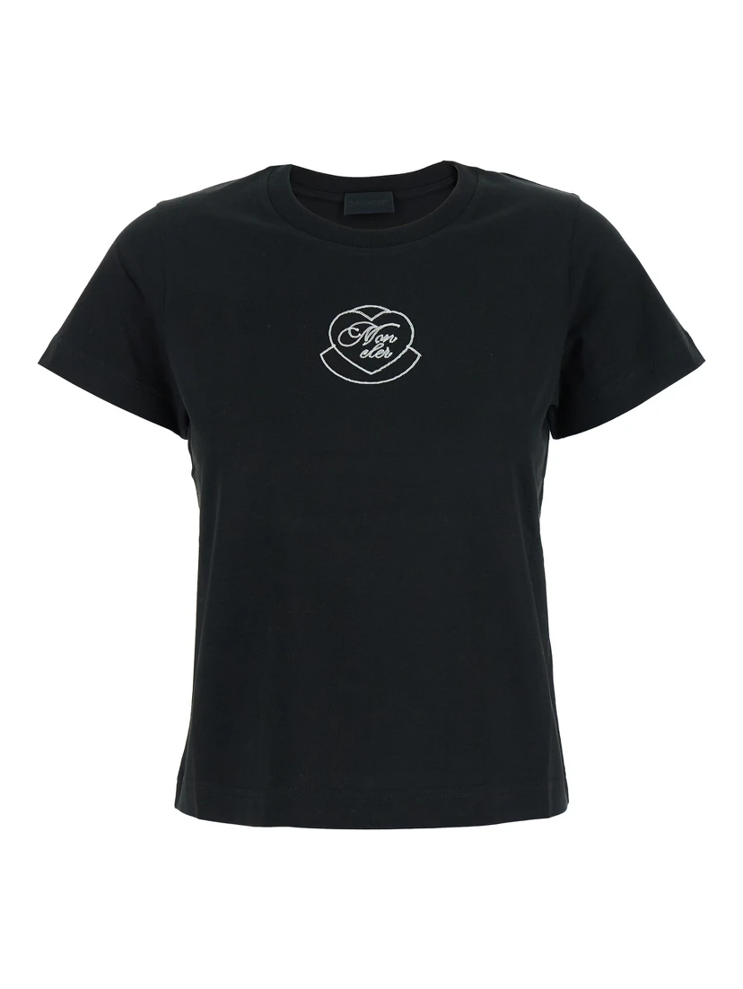 Black Crewneck T-Shirt with Logo on the Front in Cotton Woman