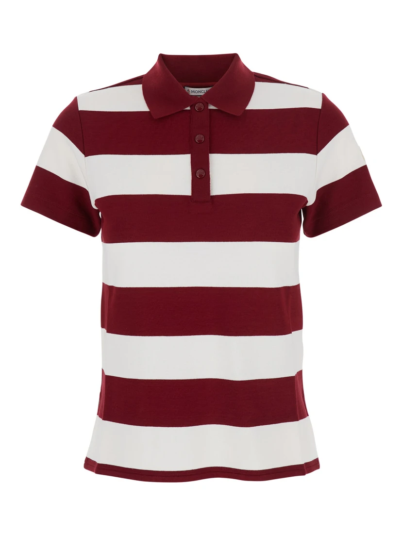 Red Polo Shirt with Logo Patch on the Sleeve and All-Over Striped Motif in Viscose Stretch Woman