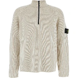 White Sweater with Logo Patch on the Sleeve and Front Half Zip Closure in Wool Stretch Man