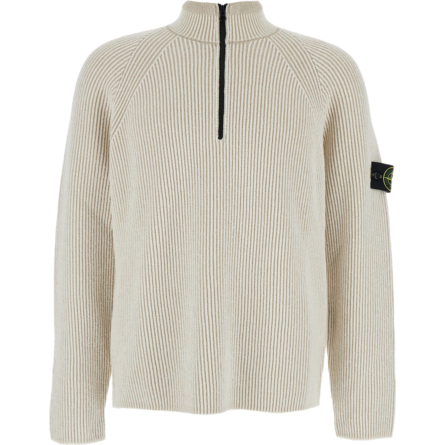 White Sweater with Logo Patch on the Sleeve and Front Half Zip Closure in Wool Stretch Man