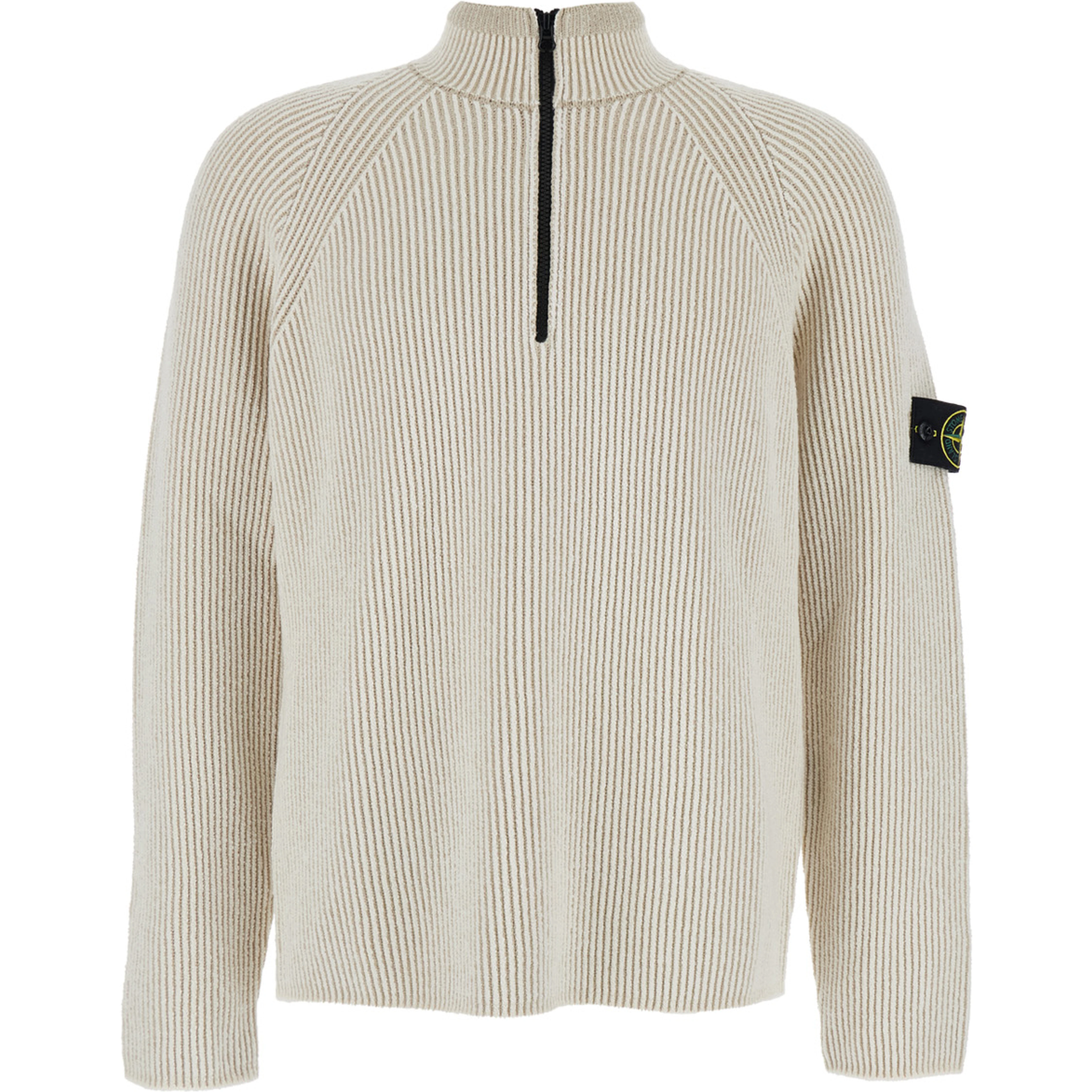 White Sweater with Logo Patch on the Sleeve and Front Half Zip Closure in Wool Stretch Man