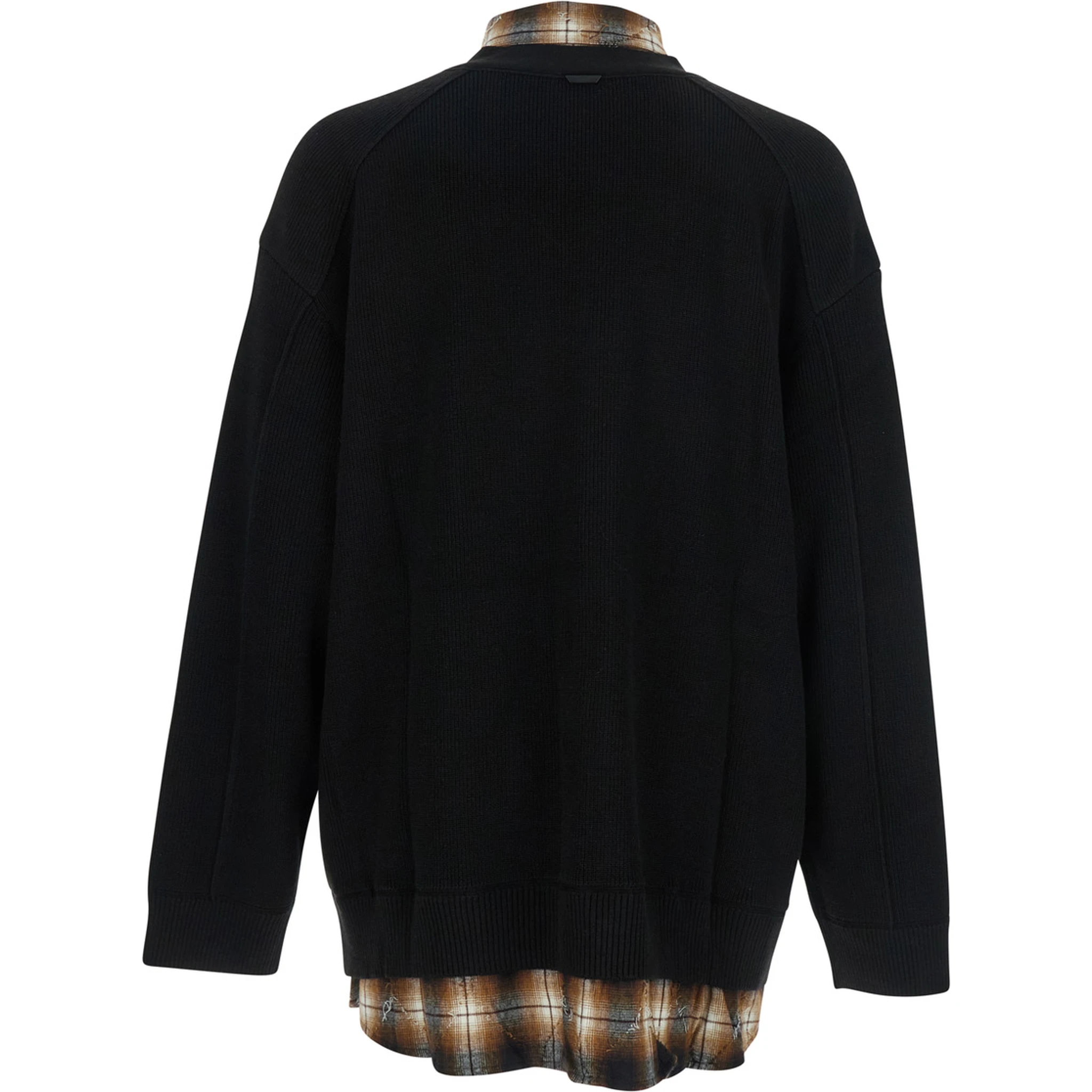 Black Sweater with Layered Design and Classic Collar in Cotton and Wool Blend Man
