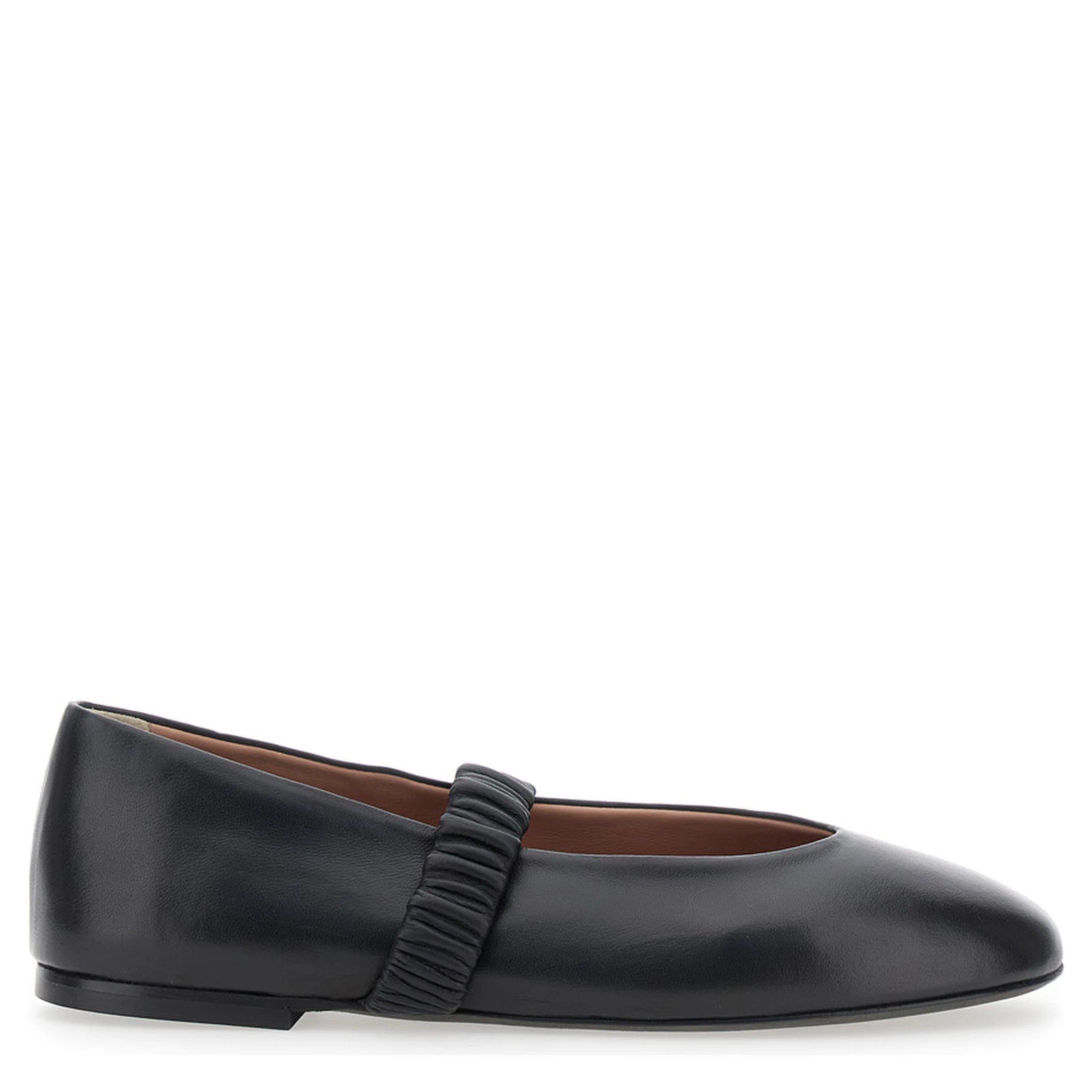 Black Ballet Flats with Elasticated Band on the Front in Leather Woman