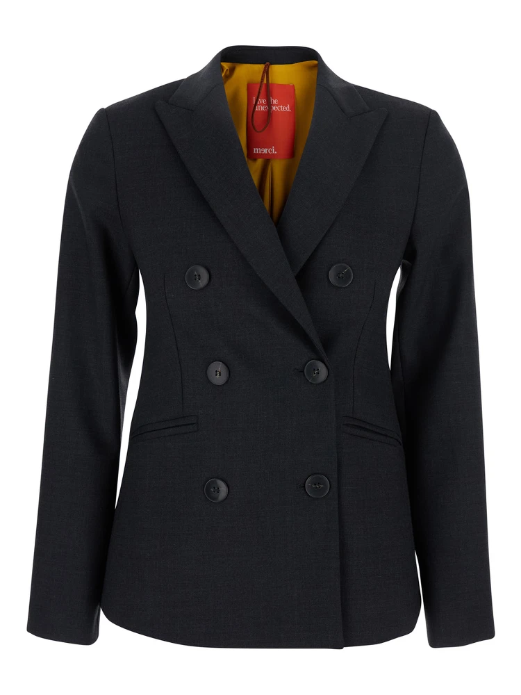 Grey Double-Breasted Jacket with Peak Revers in Fabric Woman