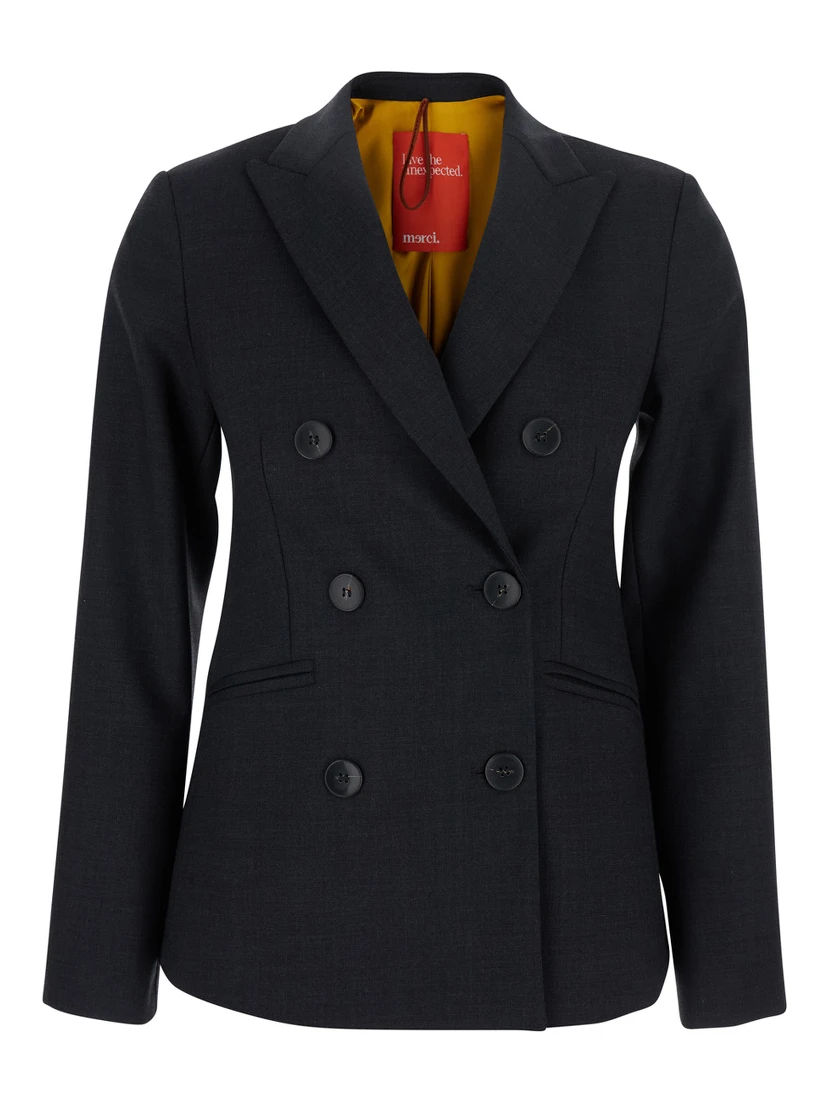 Grey Double-Breasted Jacket with Peak Revers in Fabric Woman