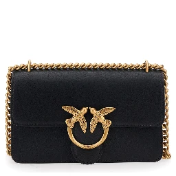 Love One Black Mini Bag with Chain-Link Shoulder Strap and Love Birds Diamond cut Plaque in Leather Woman