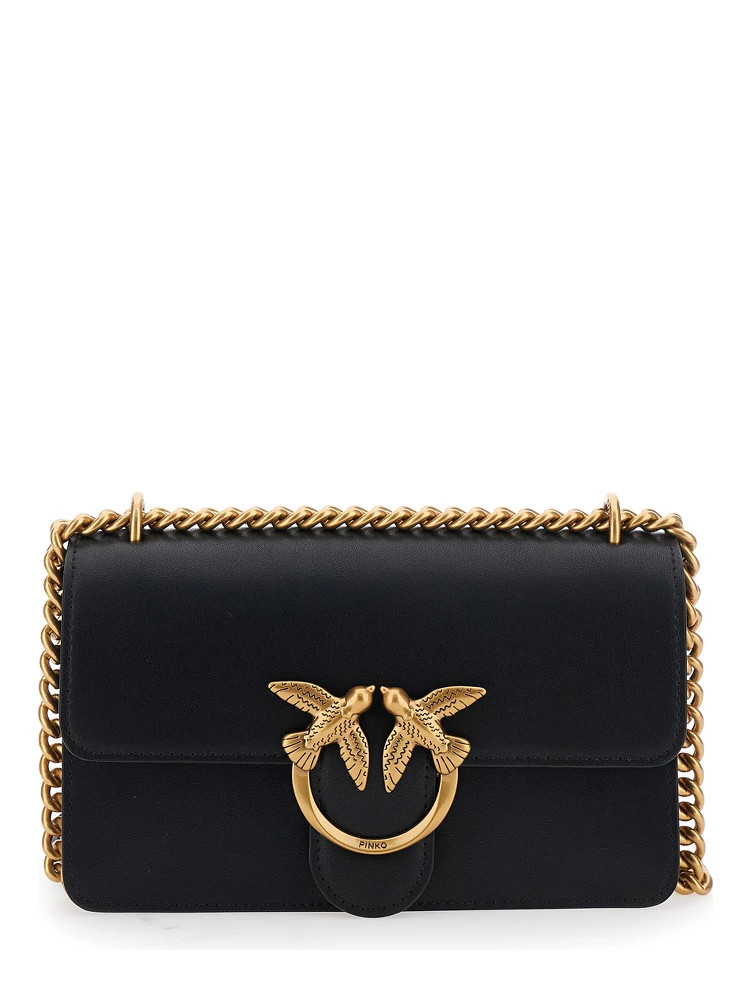 Love One Black Mini Bag with Chain-Link Shoulder Strap and Love Birds Diamond cut Plaque in Leather Woman