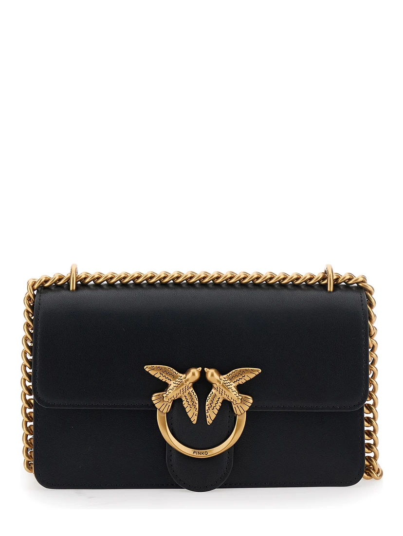 Love One Black Mini Bag with Chain-Link Shoulder Strap and Love Birds Diamond cut Plaque in Leather Woman