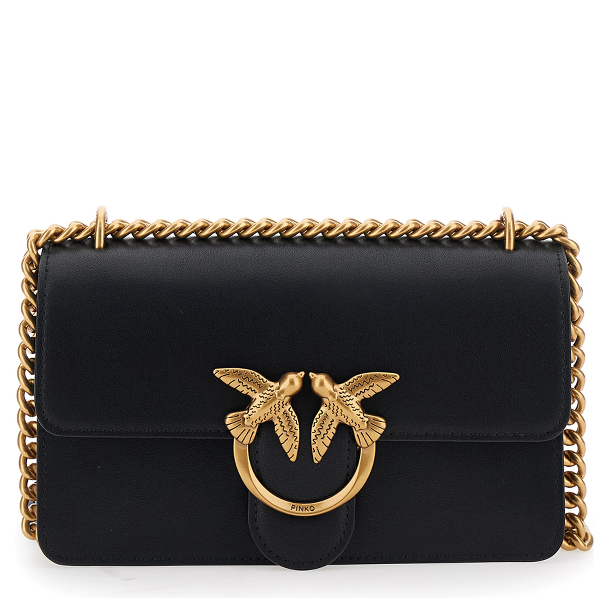 Love One Black Mini Bag with Chain-Link Shoulder Strap and Love Birds Diamond cut Plaque in Leather Woman