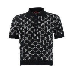 Black Polo Shirt with Ribbed Trims in GG Canvas Woman