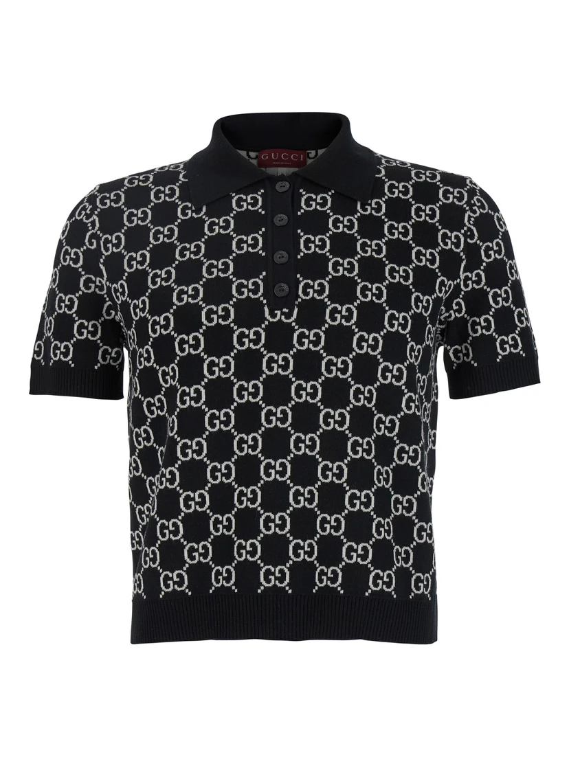 Black Polo Shirt with Ribbed Trims in GG Canvas Woman