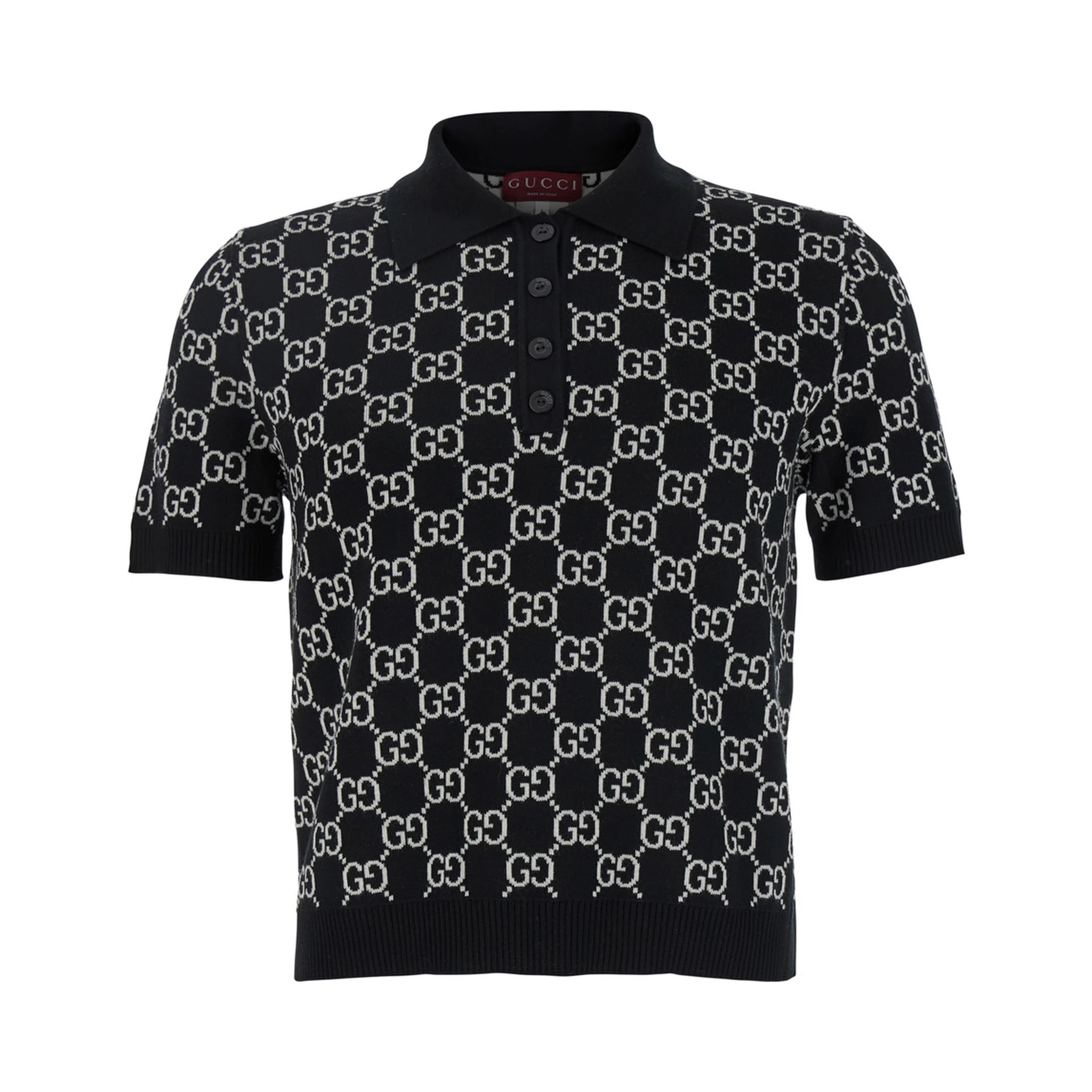 Black Polo Shirt with Ribbed Trims in GG Canvas Woman