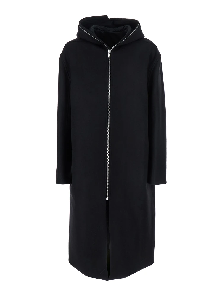 Black Coat with Fixed Hood and Rear Single Vent in Wool Man