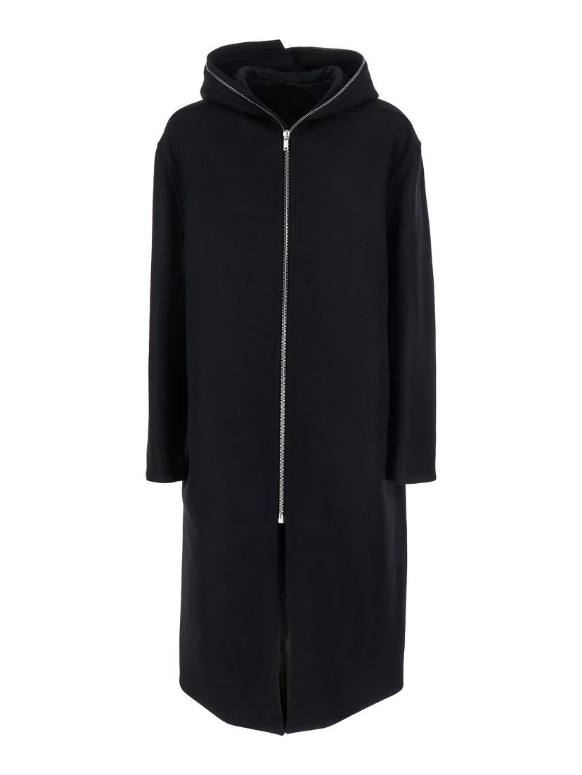 Black Coat with Fixed Hood and Rear Single Vent in Wool Man
