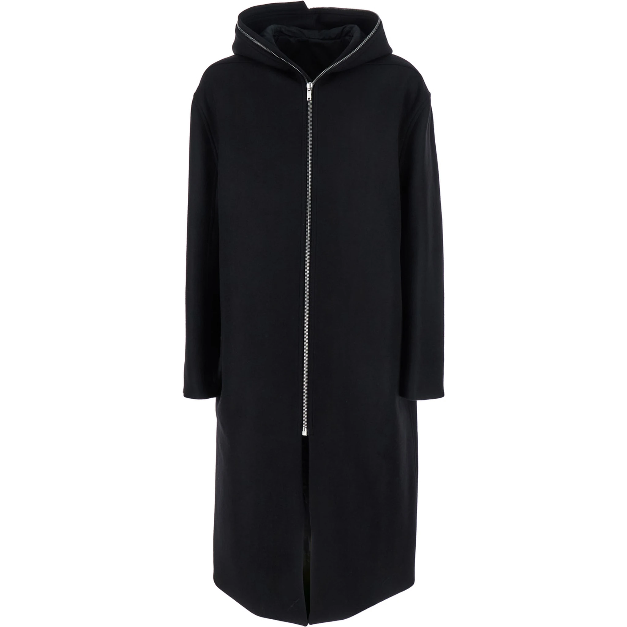 Black Coat with Fixed Hood and Rear Single Vent in Wool Man