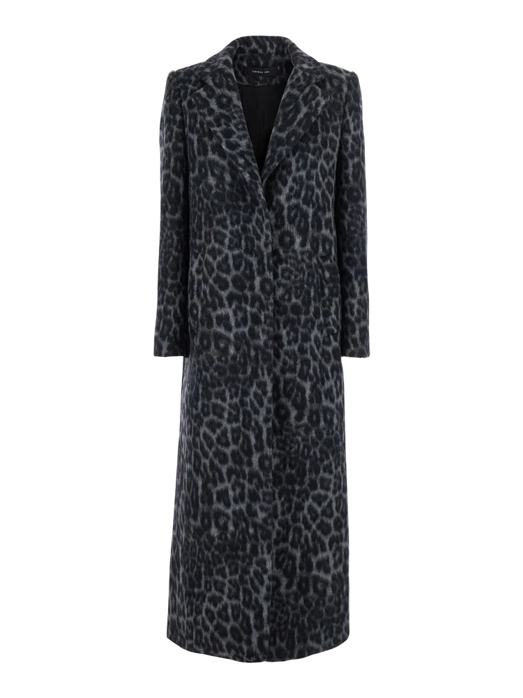 Grey Coat with All-Over Animal Print in Wool Woman