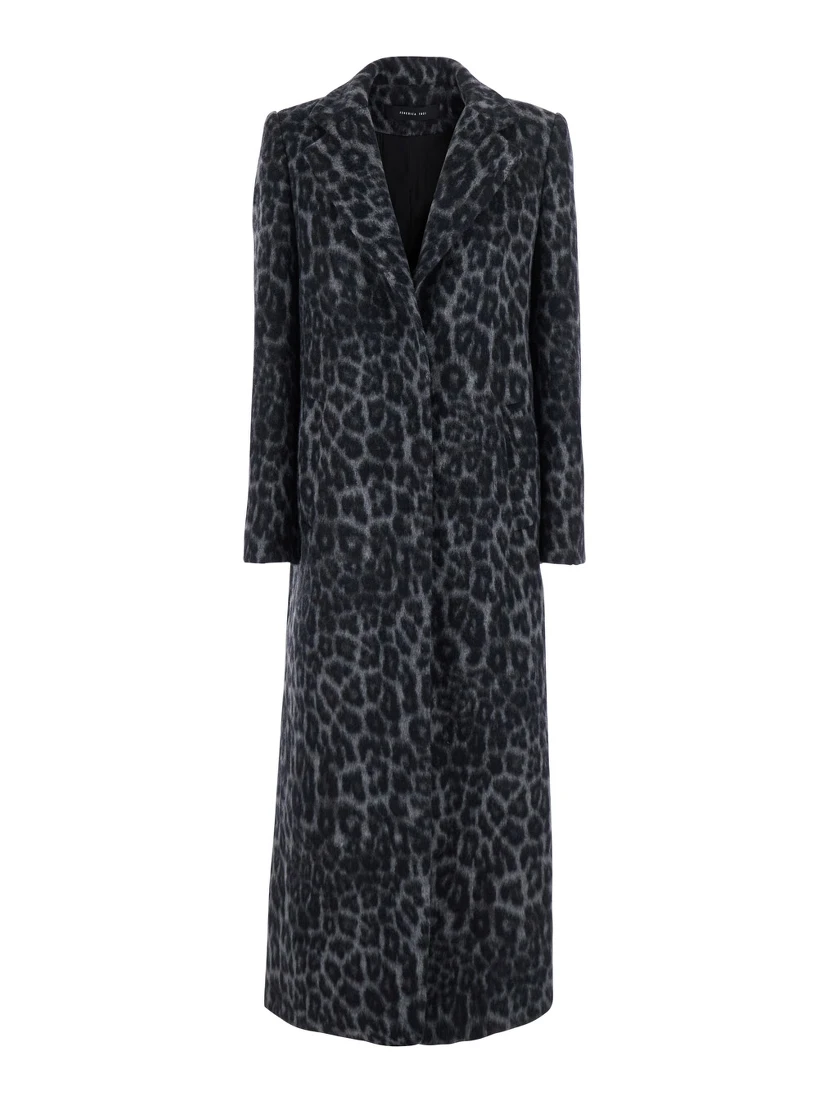 Grey Coat with All-Over Animal Print in Wool Woman
