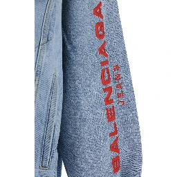 Light Blue Jacket with Fixed Hood and Maxi Logo Lettering on the Sleeve in Denim Man