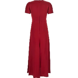 Red Crewneck Midi Dress with Gathered Waist and Rear Zip Closure in Viscose Blend Woman