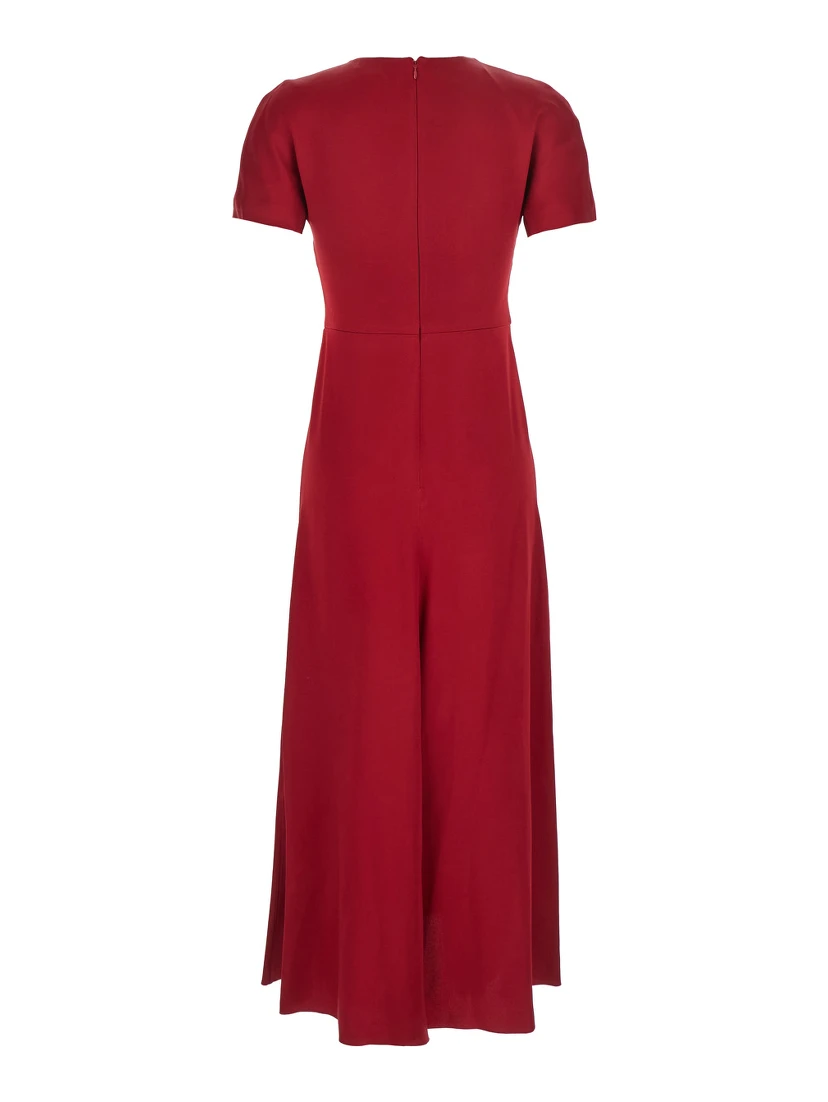 Red Crewneck Midi Dress with Gathered Waist and Rear Zip Closure in Viscose Blend Woman