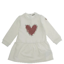 White Crewneck Dress with Heart Print on the Front and Logo Patch on the Sleeve in Cotton Stretch Baby