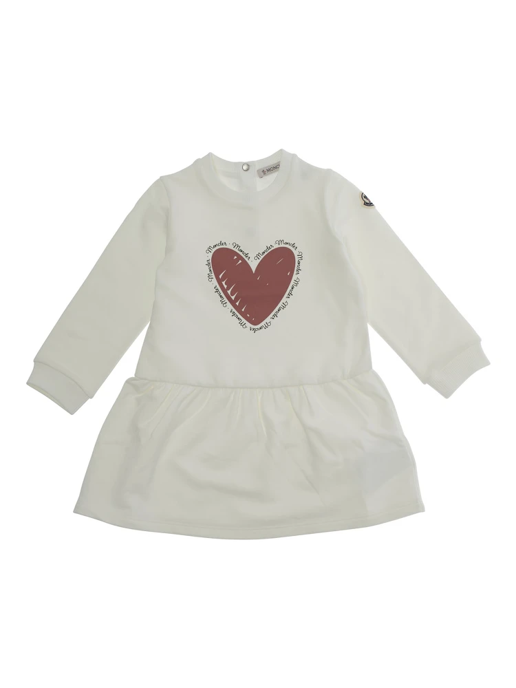 White Crewneck Dress with Heart Print on the Front and Logo Patch on the Sleeve in Cotton Stretch Baby