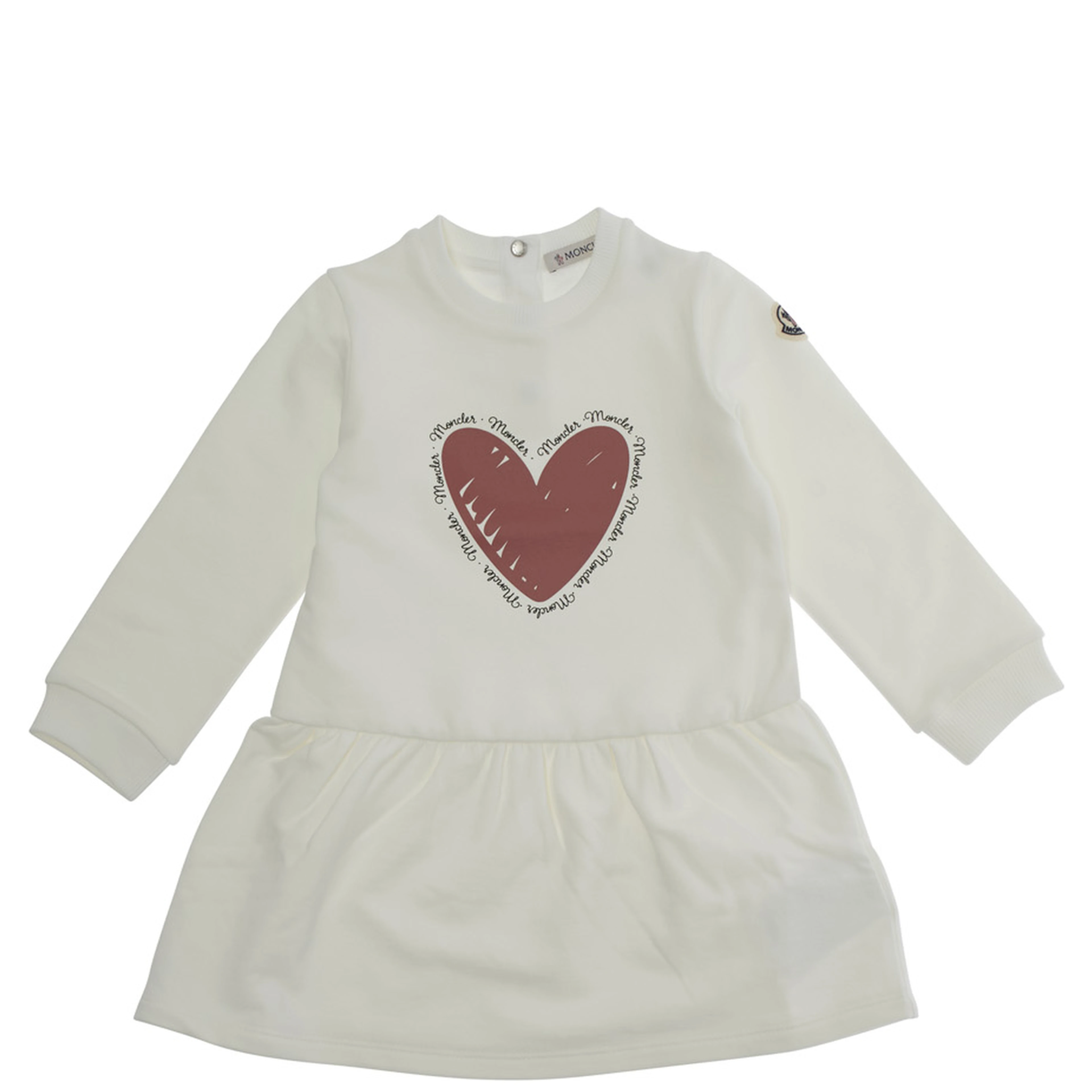White Crewneck Dress with Heart Print on the Front and Logo Patch on the Sleeve in Cotton Stretch Baby