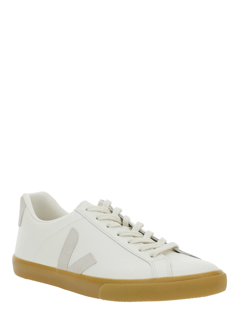 Esplar White Low Top Sneakers with Contrasting Heel with Logo Lettering and Logo Patch on the Side in Leather Unisex