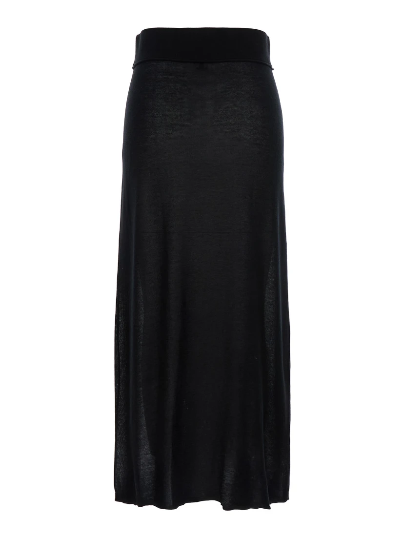 Black Long Skirt with Elastic Waist and Ribbed Hem in Cashmere Blend Woman