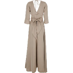 Beige Maxi Dress with Front and Rear V Neck and Maxi Bow on the Rear in Cady Woman