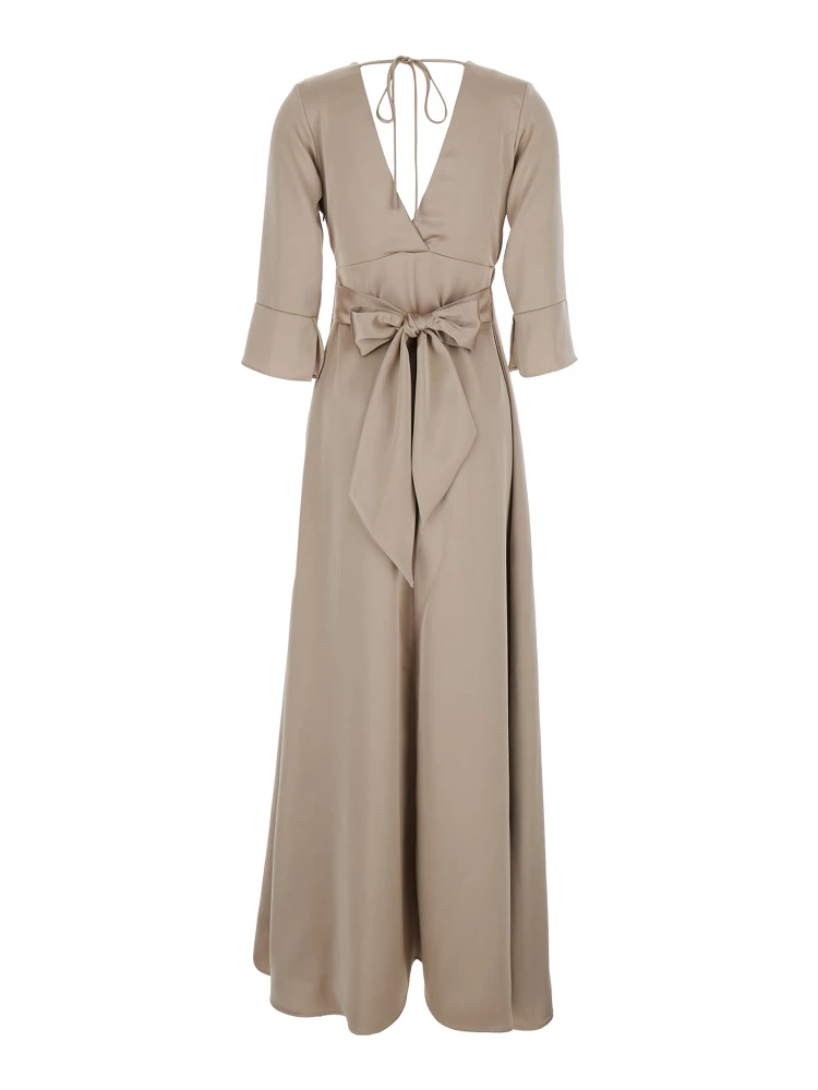 Beige Maxi Dress with Front and Rear V Neck and Maxi Bow on the Rear in Cady Woman alternative
