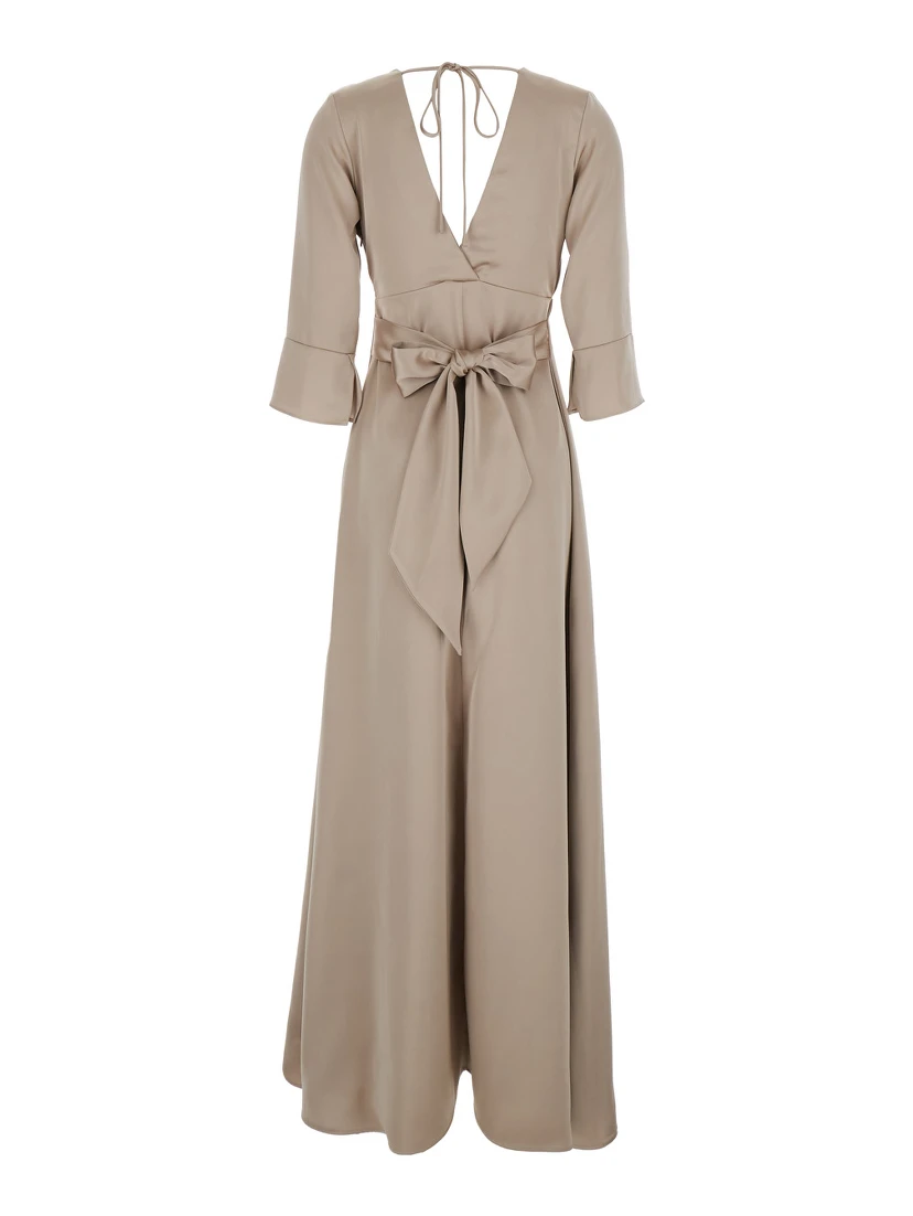 Beige Maxi Dress with Front and Rear V Neck and Maxi Bow on the Rear in Cady Woman